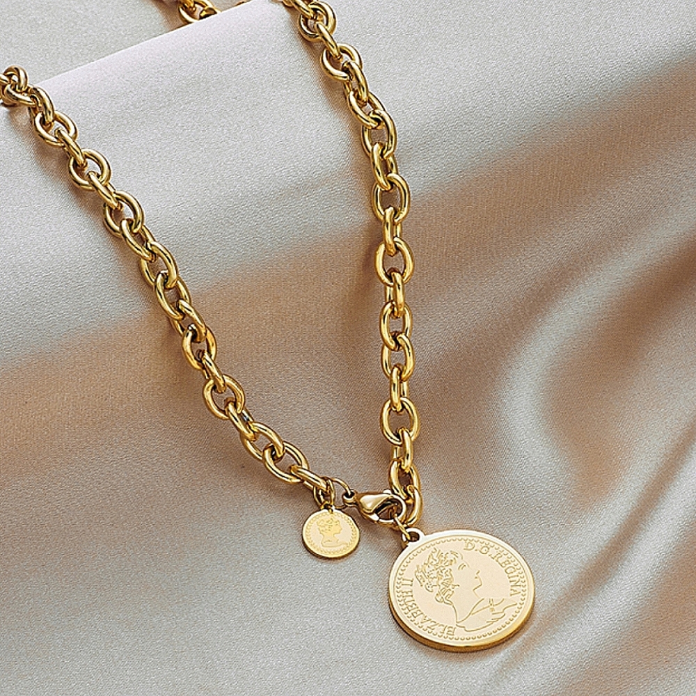 Queen Elizabeth Coin Gold Plated Chain Link Necklace Matching Bracelet Set - Picture 4 of 11
